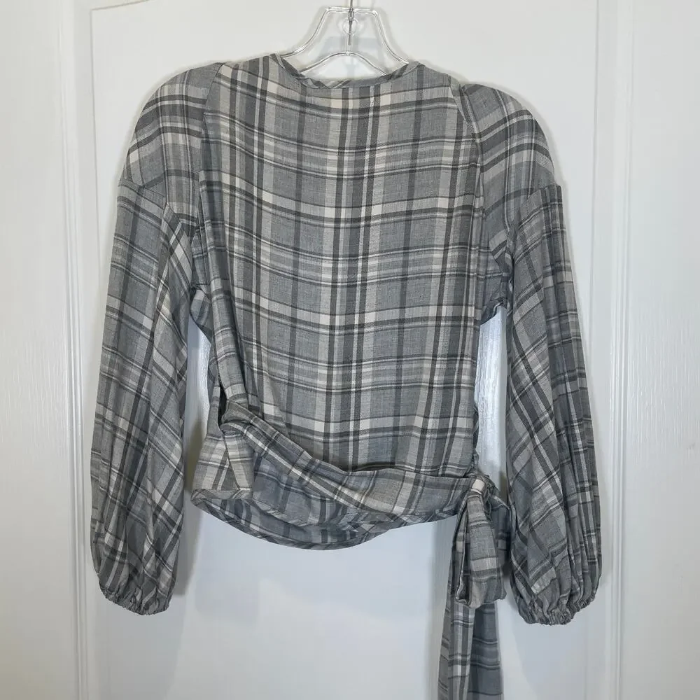 Free People Delacy Gray White Plaid Print Wrap Shirt‎ Long Sleeve NWT S